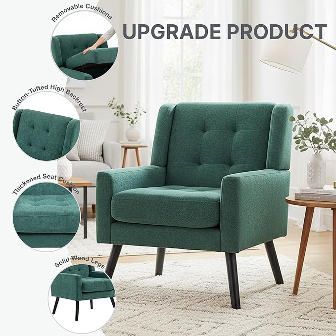 Mid-Century Modern Accent Chair Set of 2, Plush Linen Fabric with Button Tufted High Back & 5" Thick Cushion, High Comfort Reading Chair for Living Room, Bedroom, Office (Green)