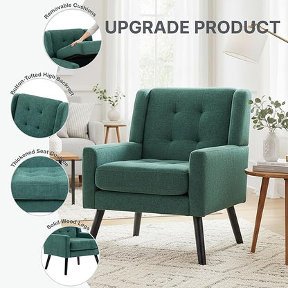 Mid-Century Modern Accent Chair Set of 2, Plush Linen Fabric with Button Tufted High Back & 5" Thick Cushion, High Comfort Reading Chair for Living Room, Bedroom, Office (Green)