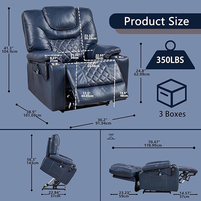 Lift Chair for Elderly: 9988 High Density Foam Lay Flat Heat and Massage, Reclining to 180, 2 Pockets Cup Holders, 2 Remote Controls, Dual OKIN Motors - Breathable Leather Navy Blue