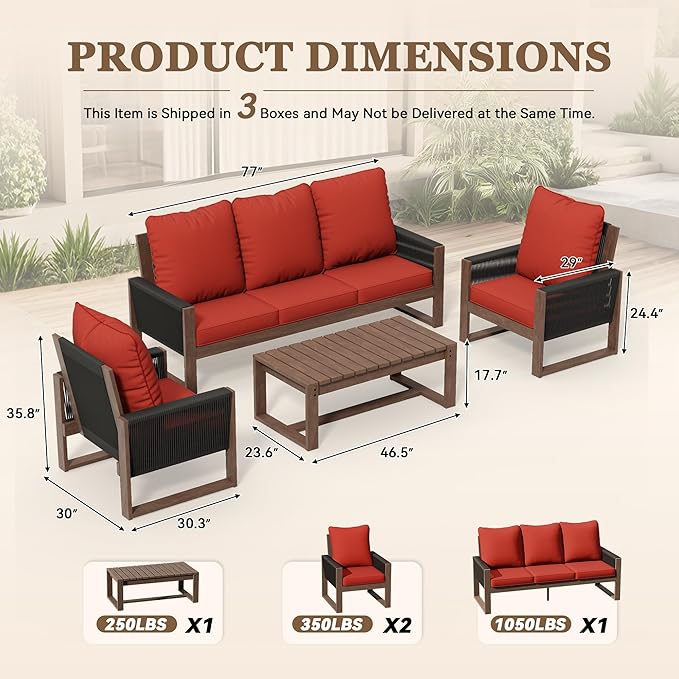 4 Piece Patio Furniture Set, Wooden Outdoor Furniture Conversation Set with Coffee Table, Modern PE Wicker Patio Chairs Conversation Sets with Sofa for Garden, Terrace, Porch, Balconies, Lawns