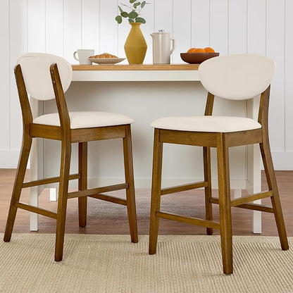 Best Choice Products Bar Stool Set of 2, Mid-Century Modern Upholstered Wood, Armless Counter Height w/Seat Cushion, Backrest - Walnut/Cream