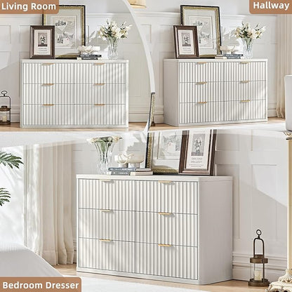 LEYAOYAO Fluted 6 Drawers Dresser, 48" Wide Modern Chest of Drawers with Wood Grain Top, Curved Profile Design, Dresser TV Stand, Wood Drawer Organizer for Bedroom, Living Room, Antique White