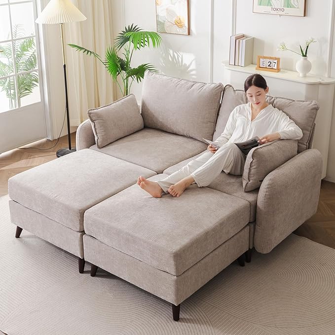 73'' Loveseat Sofa with All Seats Storage, Modular Sectional Couch with Movable Ottoman,Oversized Comfy Couch, 7.8'' Thick Cushion,24.5'' Deep Seat,for Living Room,Bedroom,Apartment,Velet,Khaki