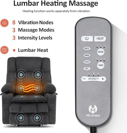 MCombo Dual Motor Power Lift Recliner Chair with Massage and Heat for Elderly People, Infinite Position, USB Ports, Cup Holders, Fabric 7890 (Medium, Dark Gray)