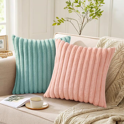Pallene Faux Fur Plush Throw Pillow Covers 18x18 Set of 2, Luxury Soft Fluffy Striped Decorative Pillow Covers for Sofa, Couch, Living Room, Pink