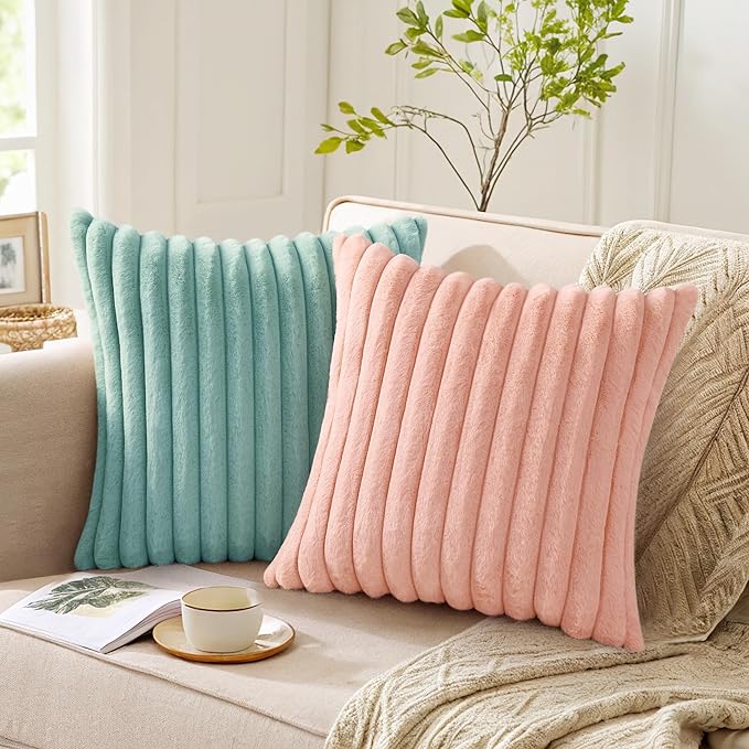 Pallene Faux Fur Plush Throw Pillow Covers 22x22 Set of 2, Luxury Soft Fluffy Striped Decorative Pillow Covers for Sofa, Couch, Living Room, Pink