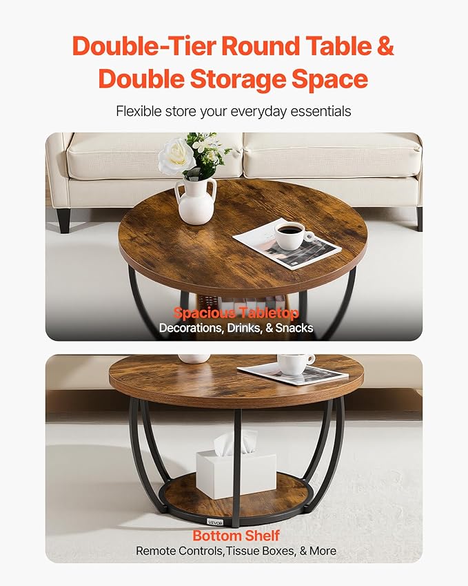 VEVOR Coffee Table, Modern Round Coffee Table, 2 Tiers Wooden Circle Center Desk with Open Storage, Minimalist Sturdy Metal Frame Accent End Desk for Living Room, Office, Easy Assembly, Rustic Brown