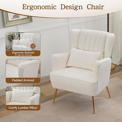 Fabric Accent Living Room Arm Chair Set of 2 Mid Century Modern Chairs with Pillow & Golden Legs, 8.5" Thick Cushion, Upholstered Comfy Sofa Armchair for Reading Room/Bedroom, White