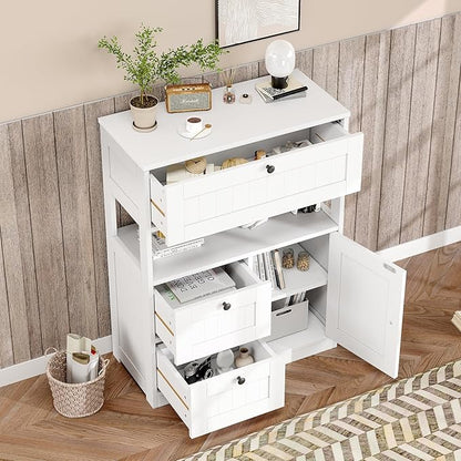 Bathroom Cabinet, Modern Bathroom Floor Storage Cabinet Organizer with 1 Door and 3 Drawers, Freestanding Cupboard for Kitchen/Living Room Use