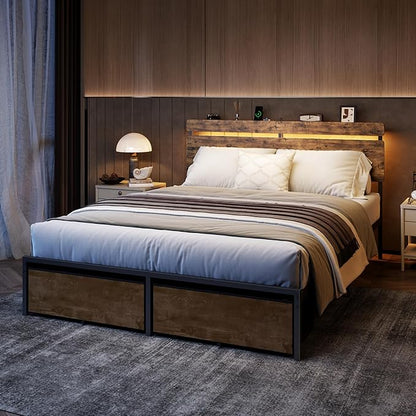 Forestell Queen Bed Frame with Wood Headboard, Metal Platform Bed with 2 Storage Drawers & Shelf, Built-in Charging Station & LED Lights, No Box Spring Needed, Vintage Brown, Cama Queen Size