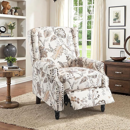 Recliner Chair, Upholstered Wingback Floral Pushback Armchair with Adjustable Backrest & Footrest, Comfy Accent Chair for Small Spaces, Living Room, Bedroom (Plants Beige, Set of 2)
