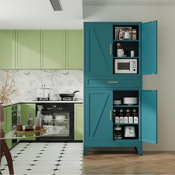 Large Metal Kitchen Pantry Cabinet with Adjustable Shelves - Freestanding Kitchen Storage Cabinet for Dining Room,Livingroom Bathroom, Hallway, Workshop, Office (Blue, 71"-1 Drawer)
