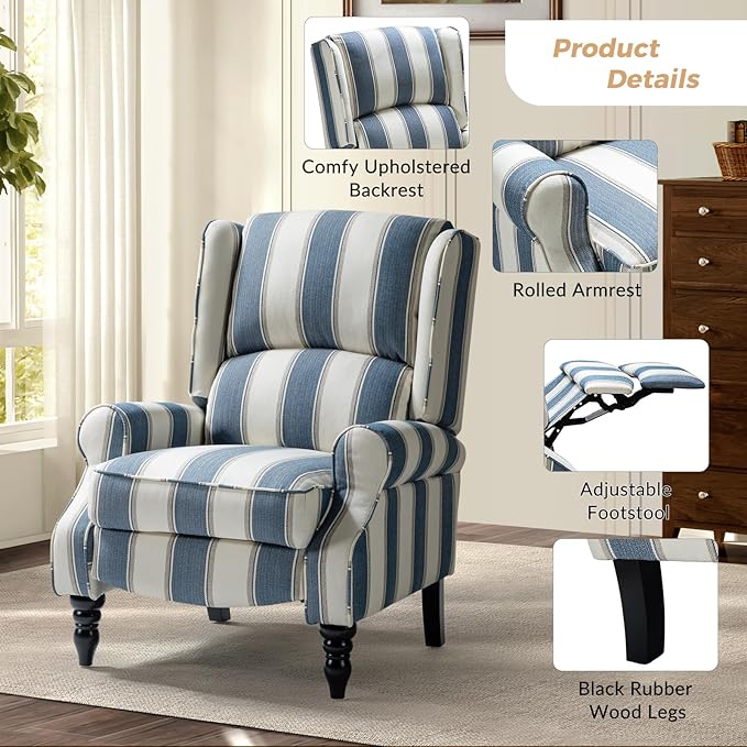 HULALA HOME Upholstered Wingback Recliner Chair Set of 2, Small Adjustable Footrest Push Back Single Reclining Sofa, Mid Century Modern Lounge Armchair for Living Room, Bedroom, Reading/Stripe Navy