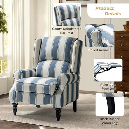 HULALA HOME Upholstered Wingback Recliner Chair Set of 2, Small Adjustable Footrest Push Back Single Reclining Sofa, Mid Century Modern Lounge Armchair for Living Room, Bedroom, Reading/Stripe Navy