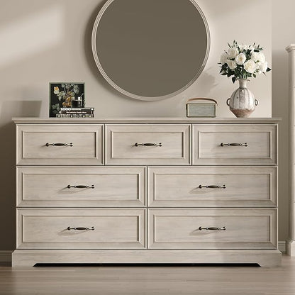 Farmhouse 7 Drawers Dresser for Bedroom, 57" Wide Modern Chest of Drawers with Deep Drawers & Bar Handles, Rustic Wood Dresser TV Stand, Wooden Closet Storage Organizer for Living Room, Hallway, Grey