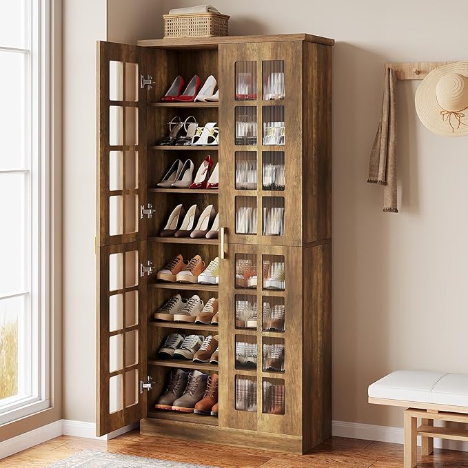 Tribesigns 71-Inch Tall Shoe Cabinet with Doors, 8-Tier Shoe Storage with Adjustable Shelves, Modern Shoe Organizer Shoe Rack Cabinet for Entryway, Hallway, Closet, Living Room, Rustic Brown