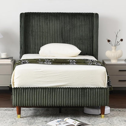 PINJU Twin Size Bed Frame, Upholstered Platform Bed with Modern Vertical Striped Wingback Headboard with Wooden Slats, Easy to Assemble No Noise Free (Green, Twin)