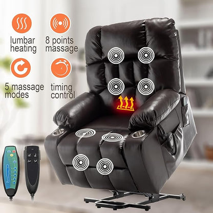 Large Power Lift Recliner Chair with Massage and Heat for Elderly,Overstuffed Wide Recliners,Breathable Leather with 2 Cup Holders,Dual OKIN Motor,Recline up to 180 Degrees