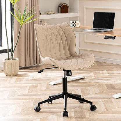 YOUNUOKE Armless Desk Chair Comfy Office Chair with Wheels Home Ergonomic Task Chair Adjustable Computer Chairs Modern Faux Leather Swivel Chair Upholstered Makeup Vanity Chair with Back(Khaki)