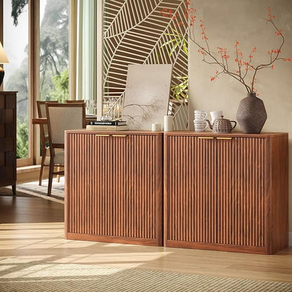 Evermagin 63" Walnut Buffet Cabinet with Storage, Large Sideboard Cabinet, Mid Century Modern Accent Credenza, Fluted Console Table with Doors for Dining Room, Kitchen, and Living Room