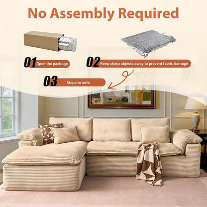 113 in Oversized Cloud Sofa with L Shape Chaise, Sectional Couches for Living Room, Assembly Free Modular Comfy Corduroy Sofa with Left Facing Chaise Longue for Home Apartment (Left Chaise, Beige)