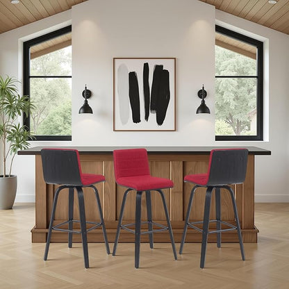 Vienna Modern Swivel Bar Height Stool with Red Upholstered Seat and Brushed Wood Frame Set of 4