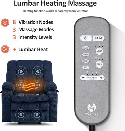 MCombo Dual Motor Power Lift Recliner Chair for Elderly, Lay Flat Lift Chair with Heat and Massage, Petite Wide Lift Chair, Cup Holders, USB A&C Ports, Fabric R7894 (Small-Wide, Navy Blue)