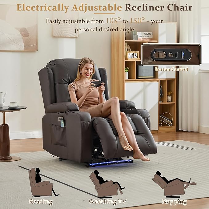 URRED Power Recliner Chair with Massage and Heat for Adults, Electric Reclining Sofa Home Theater Seating with Ambient Light, USB Ports, Cup Holders, Side Pockets, Pillow, Faux Leather, Brown