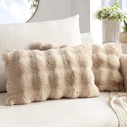 MIULEE Faux Fur Pillow Covers Thick Soft Plush Lumbar Throw Pillows Luxury Home Decor for Couch Bed Bedroom Living Room Sofa,12x20 Inch Pack of 2 Khaki
