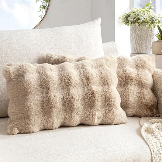 MIULEE Faux Fur Pillow Covers Thick Soft Plush Lumbar Throw Pillows Luxury Home Decor for Couch Bed Bedroom Living Room Sofa,12x20 Inch Pack of 2 Khaki