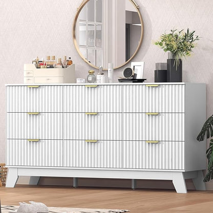 Fluted Dresser for Bedroom,9 Drawer Dresser for Closet,57" Wide Storage Cabinet and Chest of Drawers with Gold Handle,TV Stand,Storage Organizer for Living Room,Hallway,Entryway,White