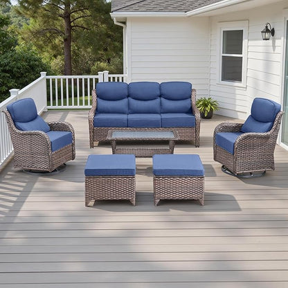 Rilyson Wicker Outdoor Patio Furniture Set - 6 Piece Patio Conversation Sets with Swivel Rocker Chairs, Ottomans, Sofa and Table, 6 inch Cushions, Deep Seating, for Porch Deck Brown/Blue
