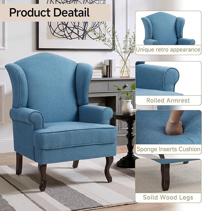 Pia Ricco High Back Floral Accent Chair, Upholstered Fabric Armchair with Solid Wood Legs - Retro Living Room Reading Chair, Comfortable Single Sofa Seat-Ocean Blue