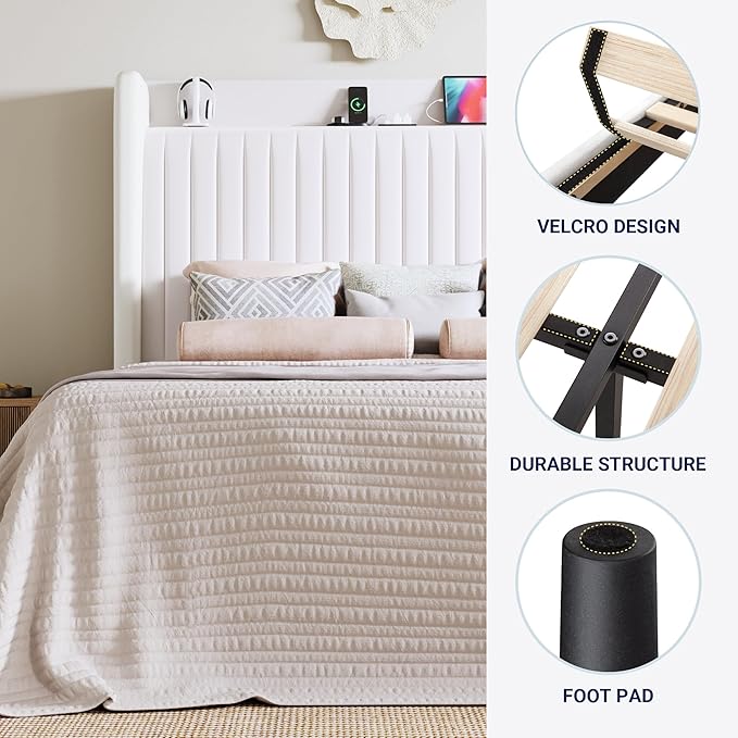 Allewie Full Size Platform Bed Frame with USB Charging Station and Storage Shelf/Upholstered Velvet Wingback Headboard/Wooden Slats Support/No Box Spring Needed/Easy Assembly, White