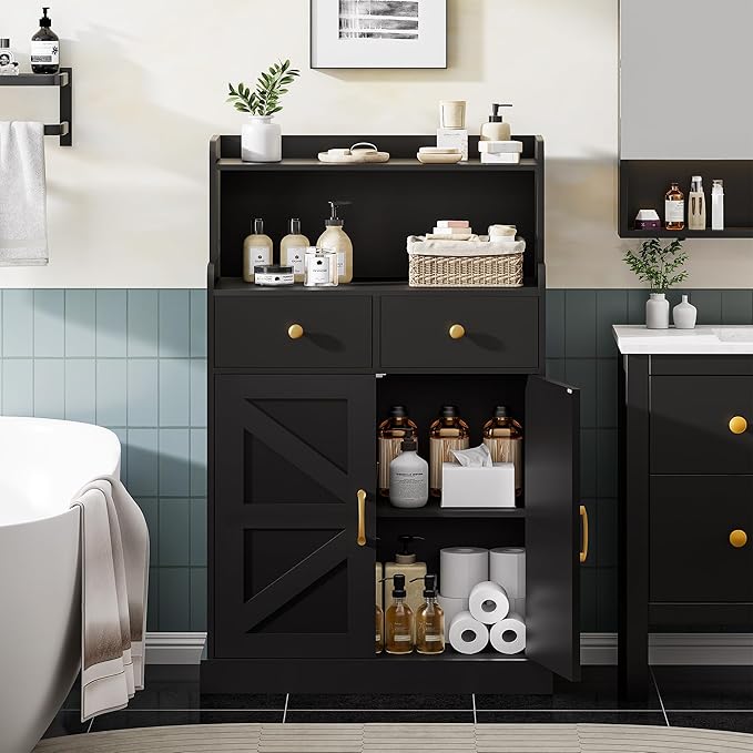 Storage Cabinet with Doors and Shelves, Bathroom Cabinet with 2 Drawers, Farmhouse Black Storage Cabinet, Kitchen Cabinet Cupboard for Living Room, Kitchen, Entryway, Home Office