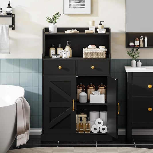 Storage Cabinet with Doors and Shelves, Bathroom Cabinet with 2 Drawers, Farmhouse Black Storage Cabinet, Kitchen Cabinet Cupboard for Living Room, Kitchen, Entryway, Home Office