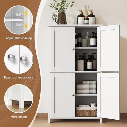 Nuturelly Bathroom Floor Storage Cabinet, Bathroom Organizers and Storage with Top Board & Metal Handles for Kitchen, White
