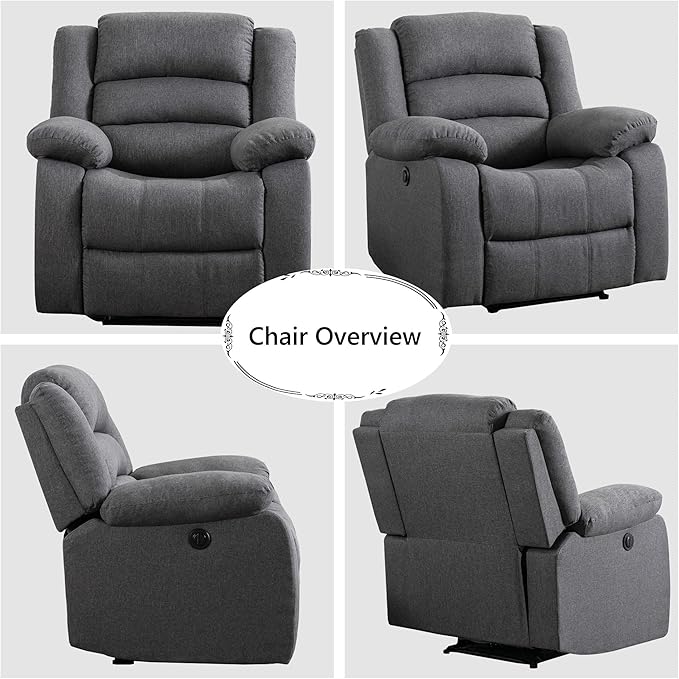 EBELLO Classic Power Recliner Chair, Oversized Electric Overstuffed Chair with Soft Cushion and Back, Sofa with Comfortable Armchair, Gray