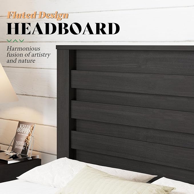 AMERLIFE Farmhouse Full Size Bed Frame with 49" Fluted Headboard, Wood Platform Bed with Natural Grain, No Box Spring Needed/Noise Free, Black