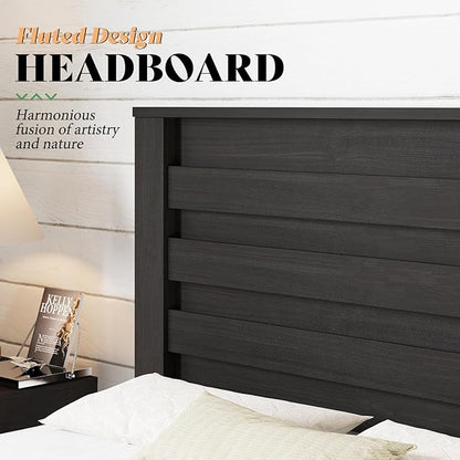 AMERLIFE Farmhouse Full Size Bed Frame with 49" Fluted Headboard, Wood Platform Bed with Natural Grain, No Box Spring Needed/Noise Free, Black