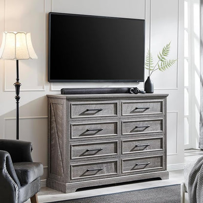 ACCOHOHO Farmhouse 8 Drawers Dresser Chests for Bedroom,52" Wide Wood Rustic Chest of Drawers with Metal Handle,Natural Texture,Drawer Organizer for Bedroom,Living Room,Hallway and Entryway,Grey