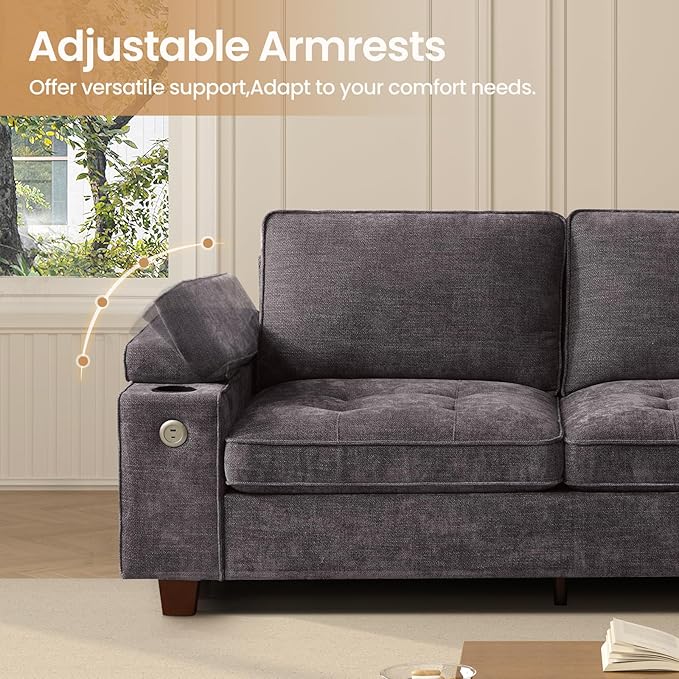 84" Loveseat Couch for Living Room,Modern Chenille Upholstered Sofa with Adjustable Storage Armrest,Cup Holders,USB & Type-C Ports,Solid Wood 2-Seater Loveseat Sofa for Apartment(Deep Gray)