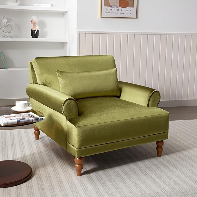 Merax Accent Chair with Circular Armrests, Upholstered Armchair Single Sofa with Vintage Roman Column Legs for Living Room, Bedroom, Study, Ergonomic Lumbar, Velvet, Green