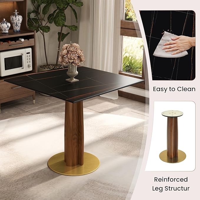 Sintered Stone Square Office Table - Meeting Desk for Small Offices (Walnut‌ Leg and Black Top, 1 Table Only)