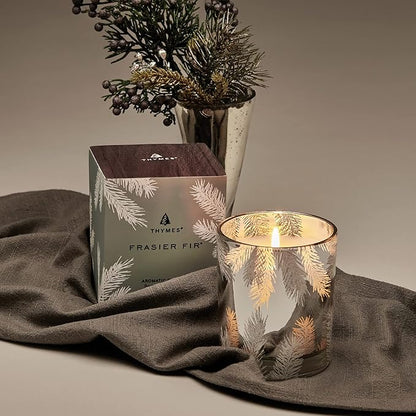 Thymes Frasier Fir Candle – Pine Needle Design – Holiday Scented Candle – Notes of Crisp Siberian Fir, Cedarwood & Sandalwood – Luxury Home Fragrance Gifts for Women & Men – Silver (Statement, 6.5 oz)