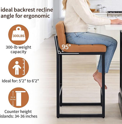 Bar Height Stools Set of 4, PU Leather Barstools Modern Counter Stools with Back and Thickened Metal Legs, Bar Chairs for Kitchen Island (Caramel Brown, 4Pcs 26" Bar Stools)