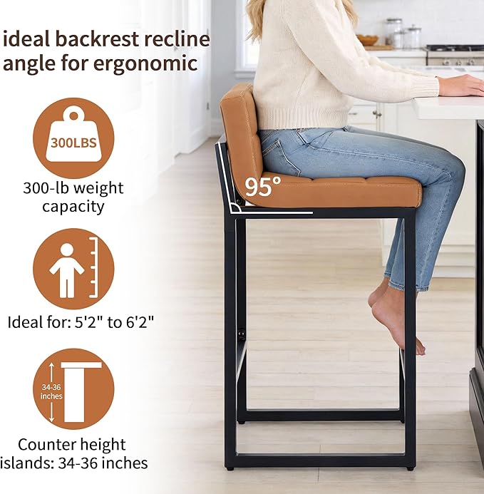 Counter Height Bar Stools Set of 2, Modern Faux Leather Counter Stools with Low Back and Footrest, Upholstered Bar Chairs for Kitchen Island, Bar, Counter (Caramel Brown, 2Pcs 26" Bar Stools)