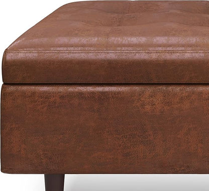 SIMPLIHOME Shay 38 inch Wide Mid Century Modern Large Square Coffee Table Storage Ottoman in Distressed Saddle Brown Vegan Faux Leather, Assembled, For the Living Room, Entryway and Family Room