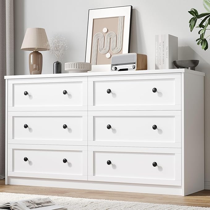 CHUWELL White Dresser for Bedroom, 55.1" Wide Dressers & Chests of Drawers with Large Capacity Storage, 6 Drawer Dresser for Bedroom