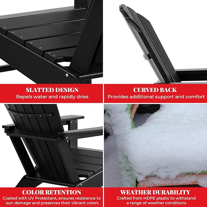 Costaelm Outdoor Adirondack Chair, HDPE Patio Chair, Weather Resistant Lawn Firepit Outside Chairs for Porch, Poolside, Garden, Backyard Deck, Black